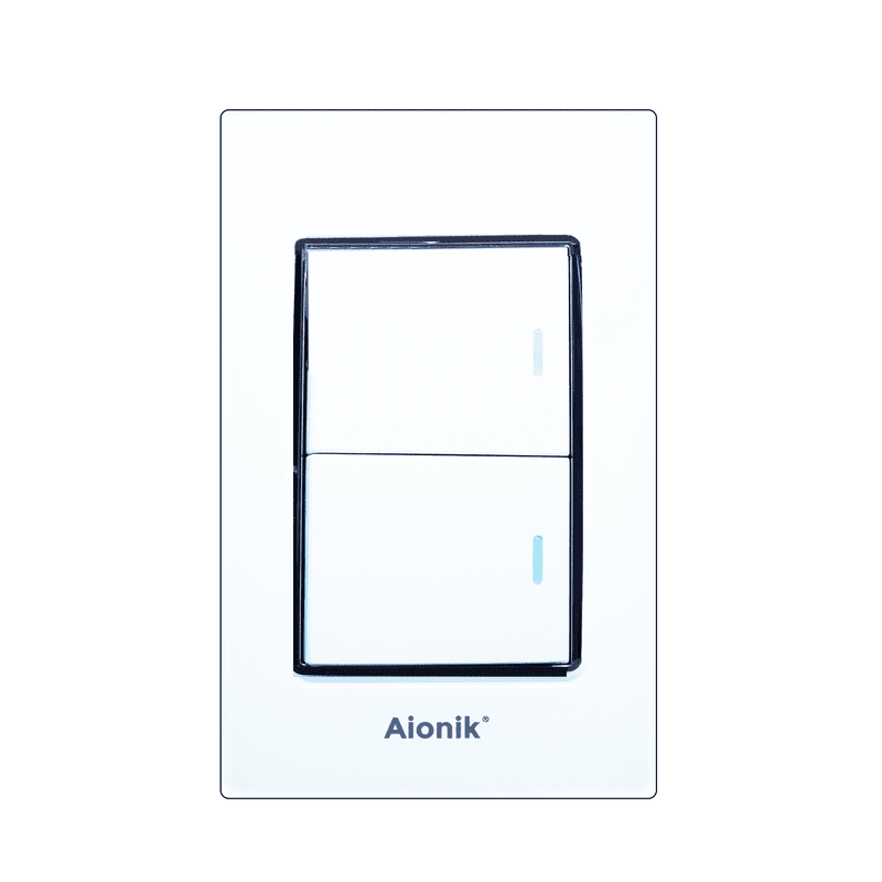 Placa acrilico con 1 apagador sencillo y 1 de escalera blanco con marco cromado APB012 Aionik 10